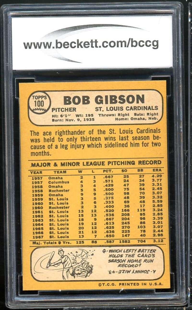 1968 Topps #100 Bob Gibson Card BGS BCCG 8 Excellent+ Image 2