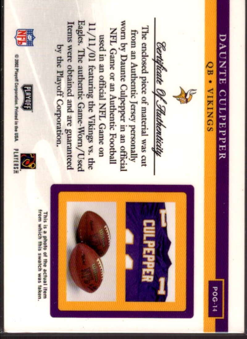 Daunte Culpepper JSY Card 2002 Playoff Piece of the Game Materials #14J  Image 2