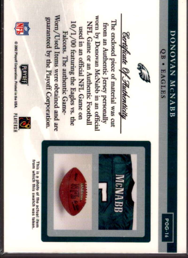 Donovan McNabb JSY Card 2002 Playoff Piece of the Game Materials #16J  Image 2