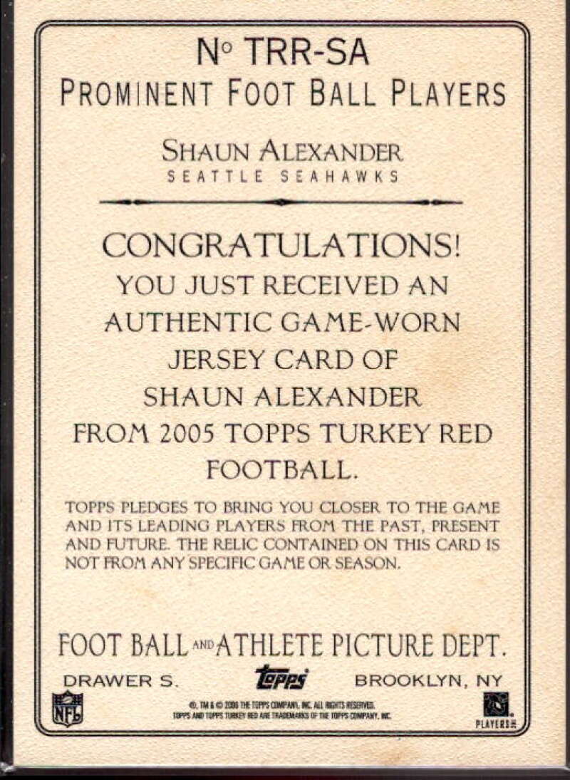 Shaun Alexander Card 2005 Topps Turkey Red Relics Gray #TRRSA  Image 2