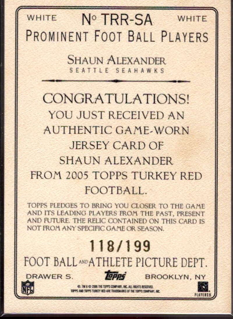 Shaun Alexander Card 2005 Topps Turkey Red Relics White #TRRSA  Image 2