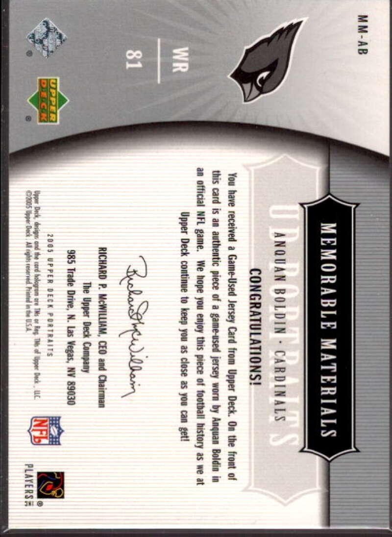 Anquan Boldin Card 2005 UD Portraits Memorable Materials #MMAB  Image 2