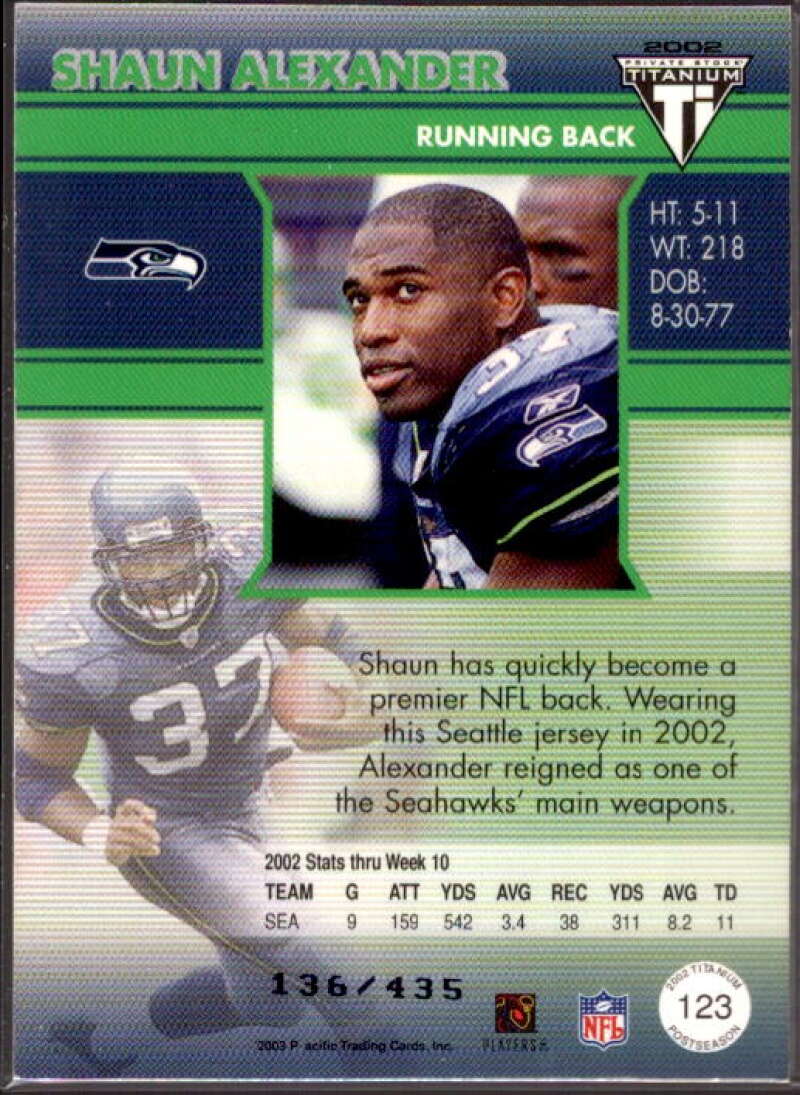 Shaun Alexander JSY Card 2002 Titanium Post Season #123  Image 2