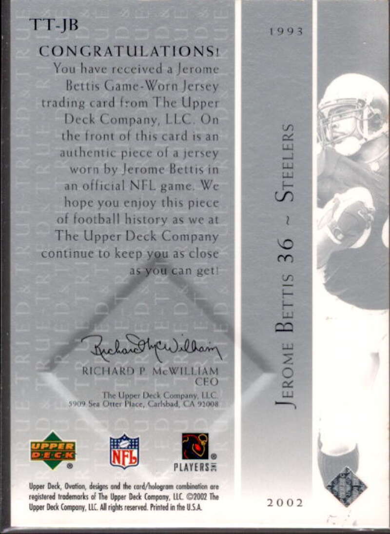 Jerome Bettis Card 2002 Upper Deck Ovation Tried and True Jerseys #TTJB  Image 2