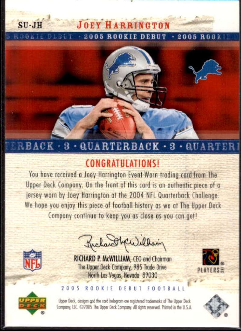 Joey Harrington Card 2005 Upper Deck Rookie Debut Sunday Swatches #SUJH  Image 2