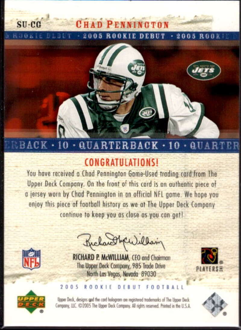 Chad Pennington player worn jersey patch football card (New York Jets) 2005  Upper Deck Rookie Debut Sunday Swatches #SUCG