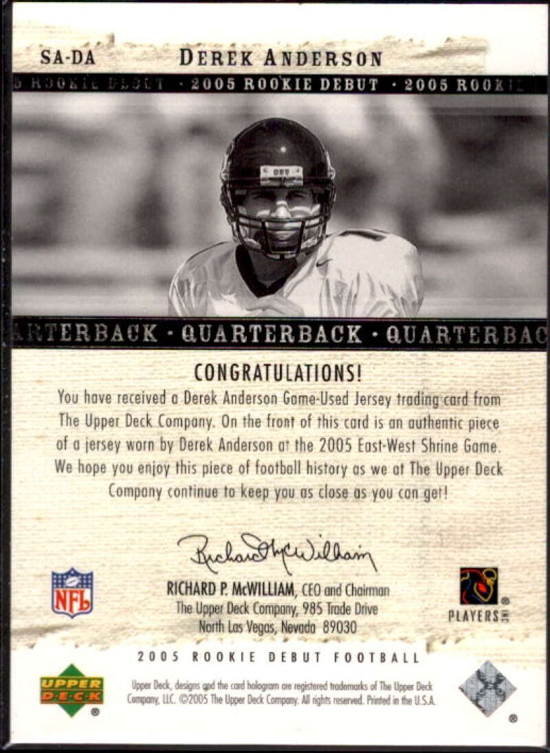 Derek Anderson Card 2005 Upper Deck Rookie Debut Saturday Swatches #SADA  Image 2