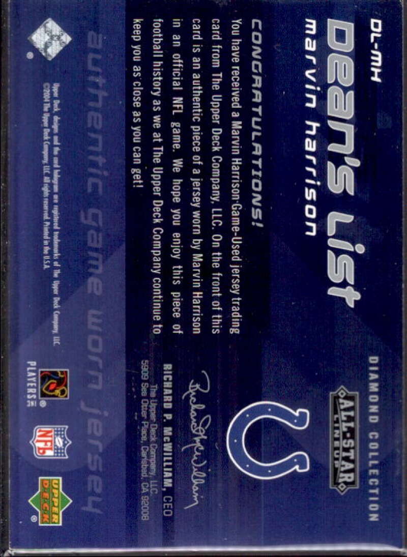 Marvin Harrison Card 2004 UD Diamond All-Star Dean's List Jersey #DLMH  Image 2