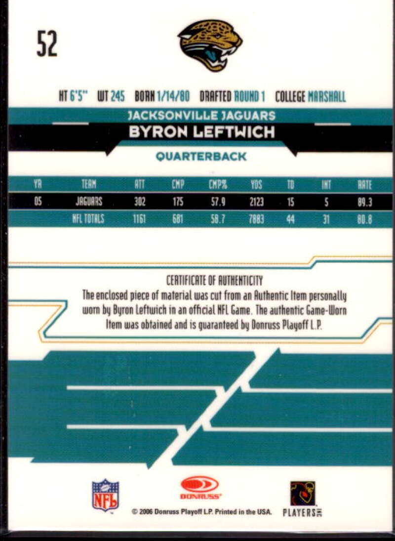 Byron Leftwich Card 2006 Leaf Rookies and Stars Longevity Target Materials #52  Image 2