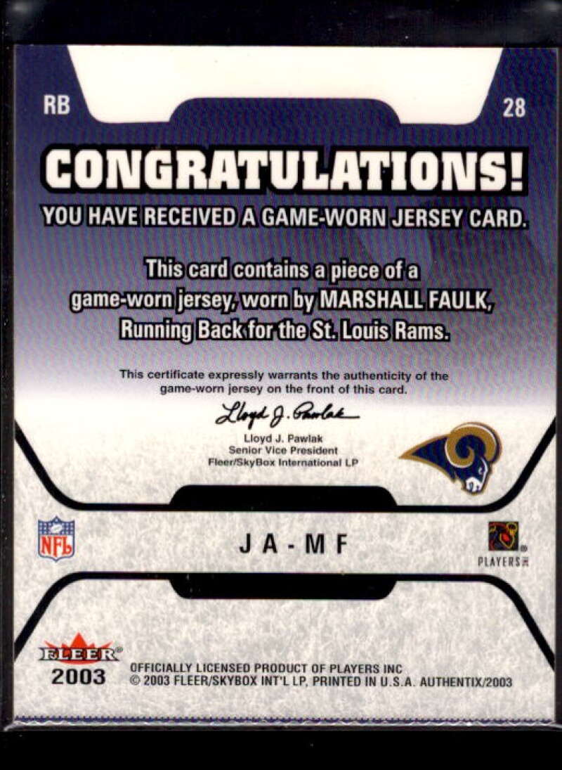 Marshall Faulk Card 2003 Fleer Authentix Jersey Authentix Ripped #JAMF  Image 2