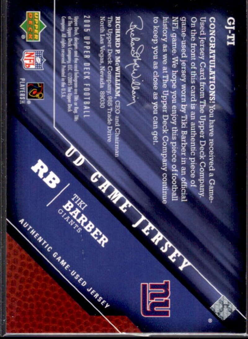 Tiki Barber Card 2005 Upper Deck Game Jerseys #TI  Image 2