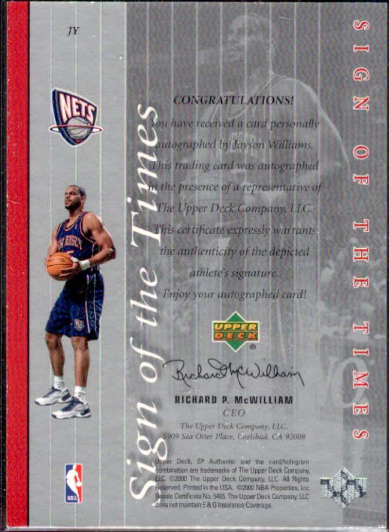 Jayson Williams Card 1999-00 SP Authentic Sign of the Times #JY  Image 2