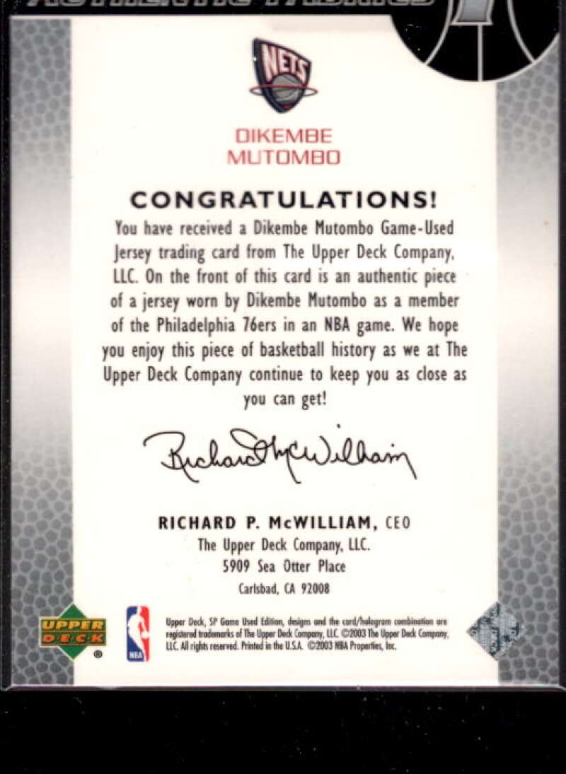 Dikembe Mutombo Card 2003-04 SP Game Used Authentic Fabrics #DMJ  Image 2