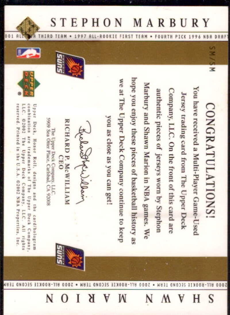 Marbury/Marion 2001-02 Upper Deck Honor Roll All-NBA Authentic Jersey Combo #SM  Image 2