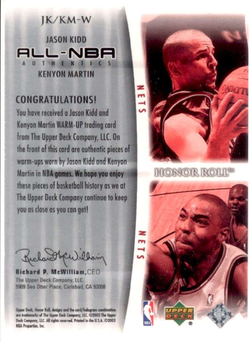 Jason Kidd/Kenyon Martin Card 2002-03 Upper Deck Honor Roll Dual Warm-ups #JKKM  Image 2