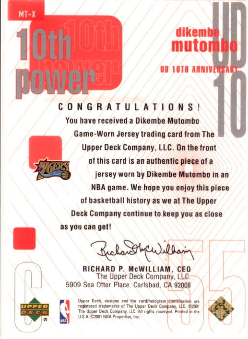 Dikembe Mutombo Card 2001-02 Upper Deck 10th Power Game Jerseys #MTX  Image 2