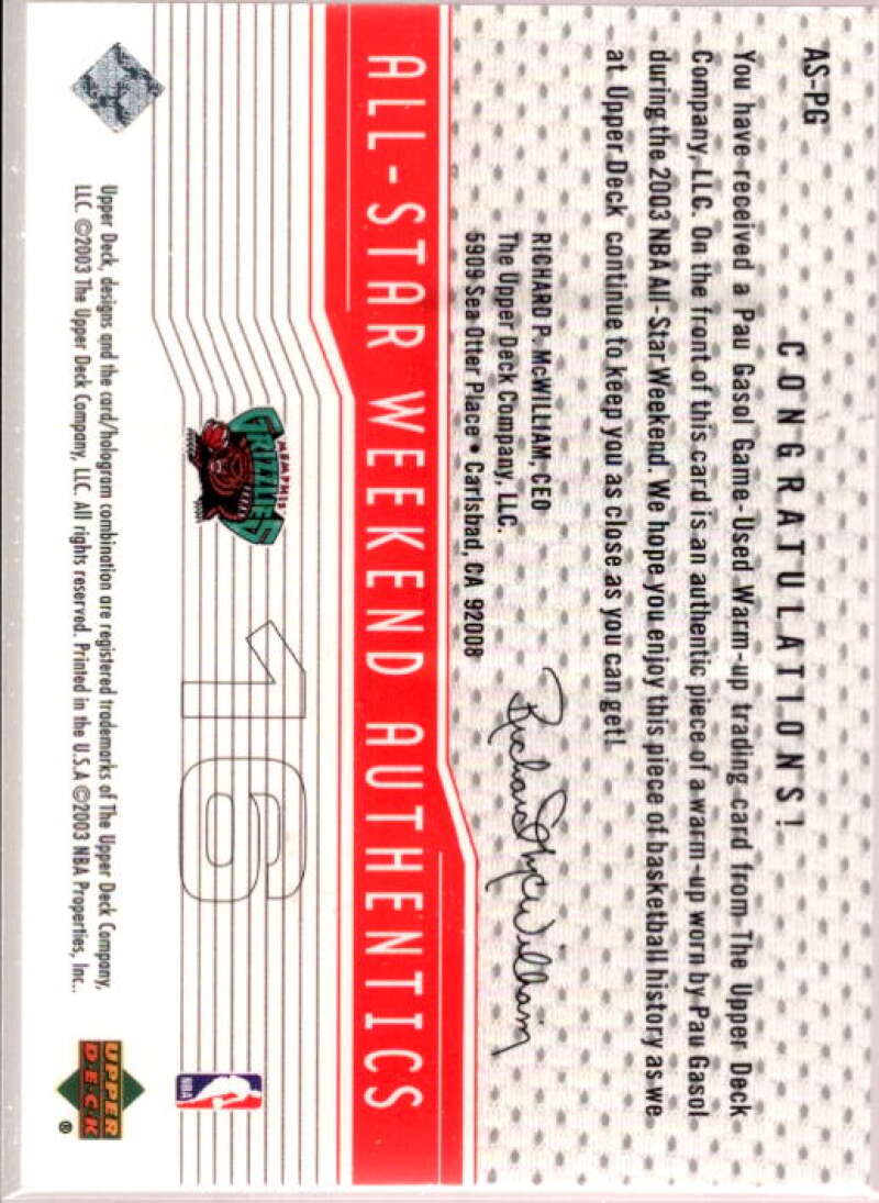 Pau Gasol Card 2003-04 Upper Deck All-Star Weekend Authentics #ASPG  Image 2