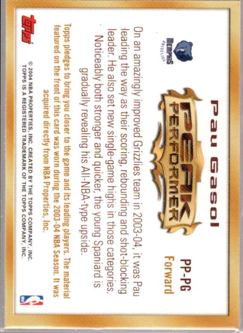 Pau Gasol Card 2004-05 Topps Peak Performers Relics #PG  Image 2