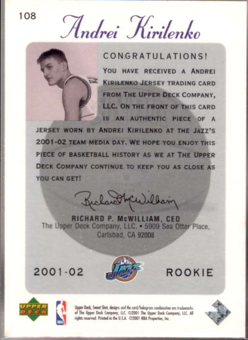 Andrei Kirilenko Card 2001-02 Sweet Shot Rookie Memorabilia #108  Image 2
