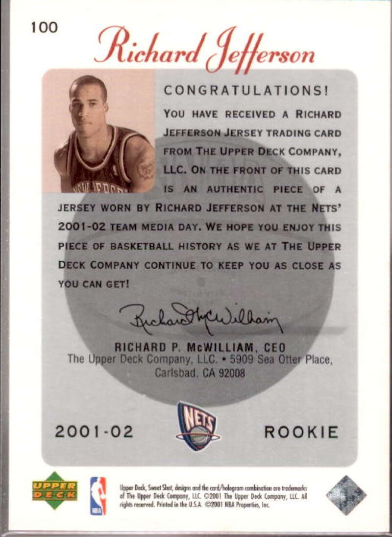 Richard Jefferson Card 2001-02 Sweet Shot Rookie Memorabilia #100  Image 2