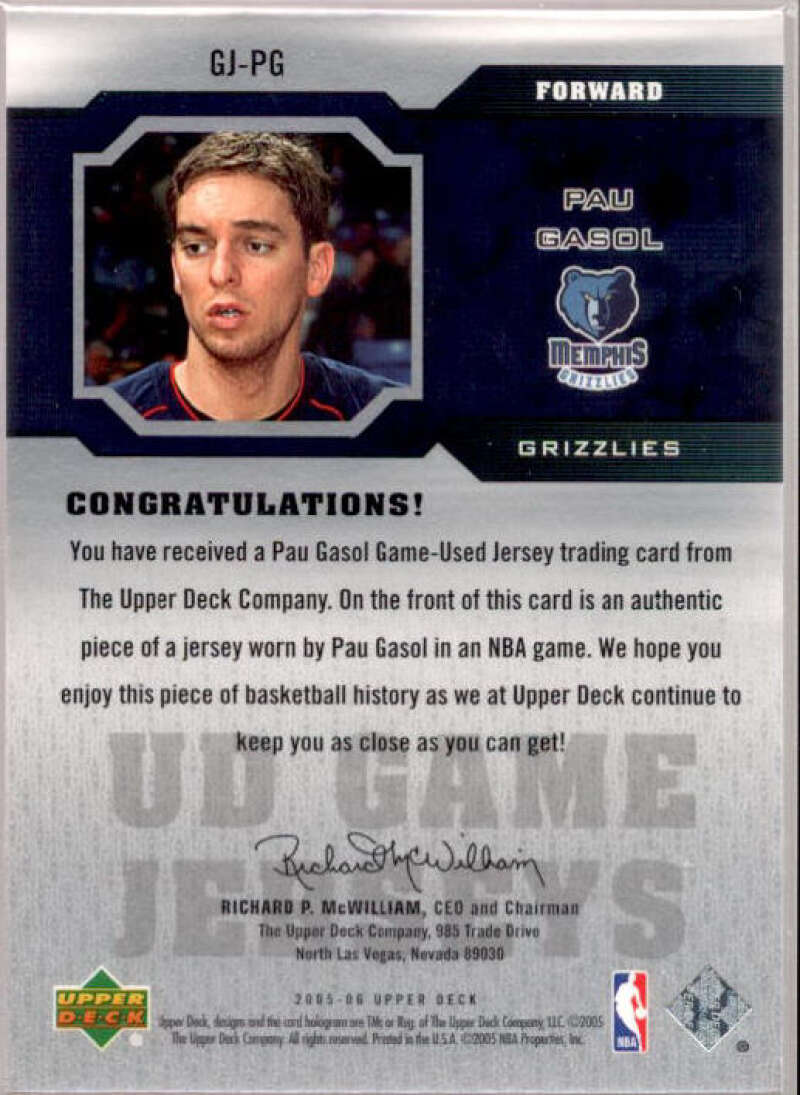 Pau Gasol Card 2005-06 Upper Deck Game Jerseys #PG  Image 2