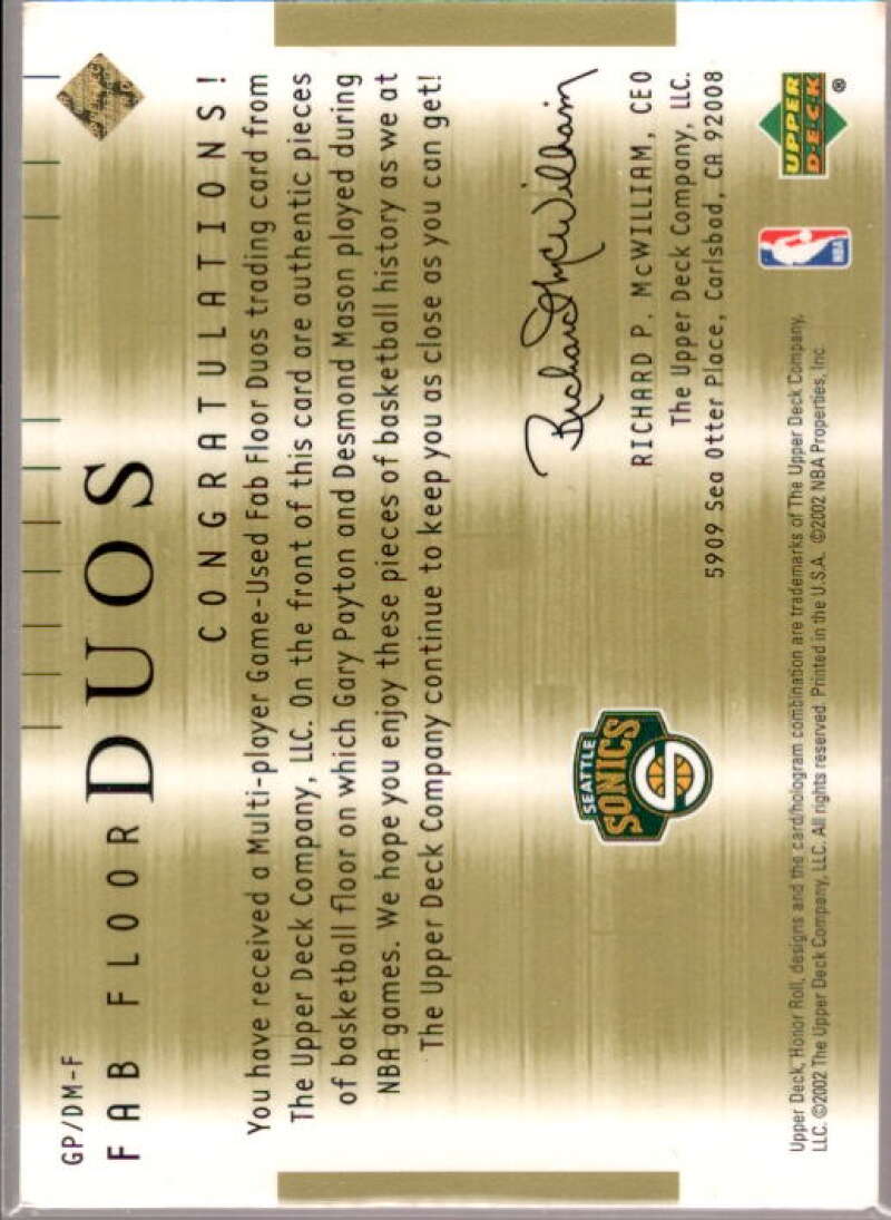 Gary Payton/Desmond Mason Card 2001-02 Upper Deck Honor Roll Fab Floor Duos #17  Image 2