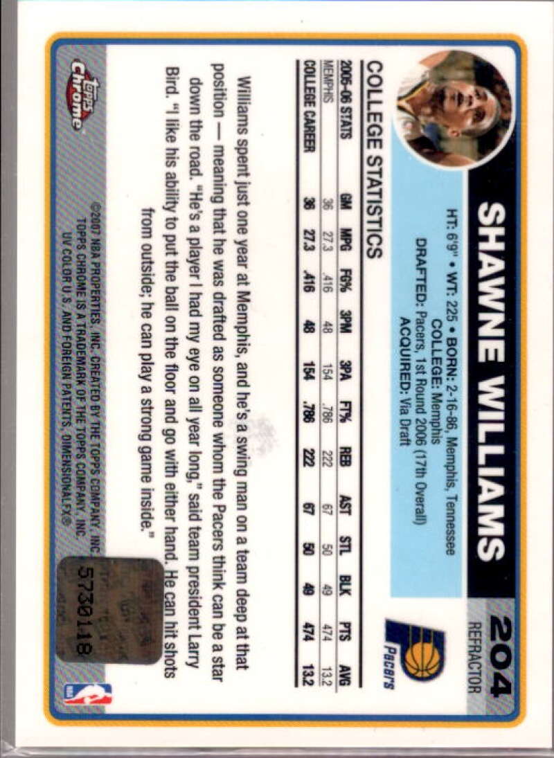 Shawne Williams Card 2006-07 Topps Chrome Autographs Refractors Black #204  Image 2