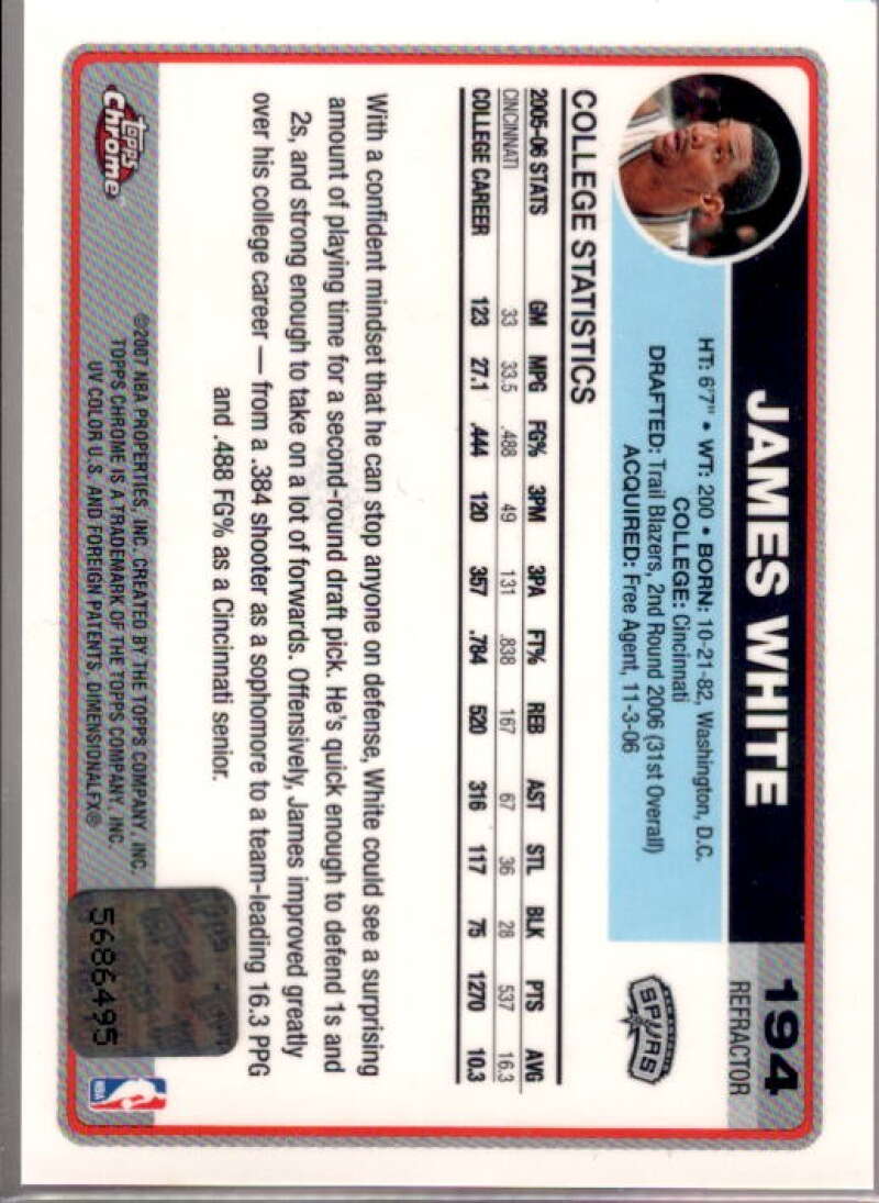 James White Card 2006-07 Topps Chrome Autographs Refractors Black #194  Image 2
