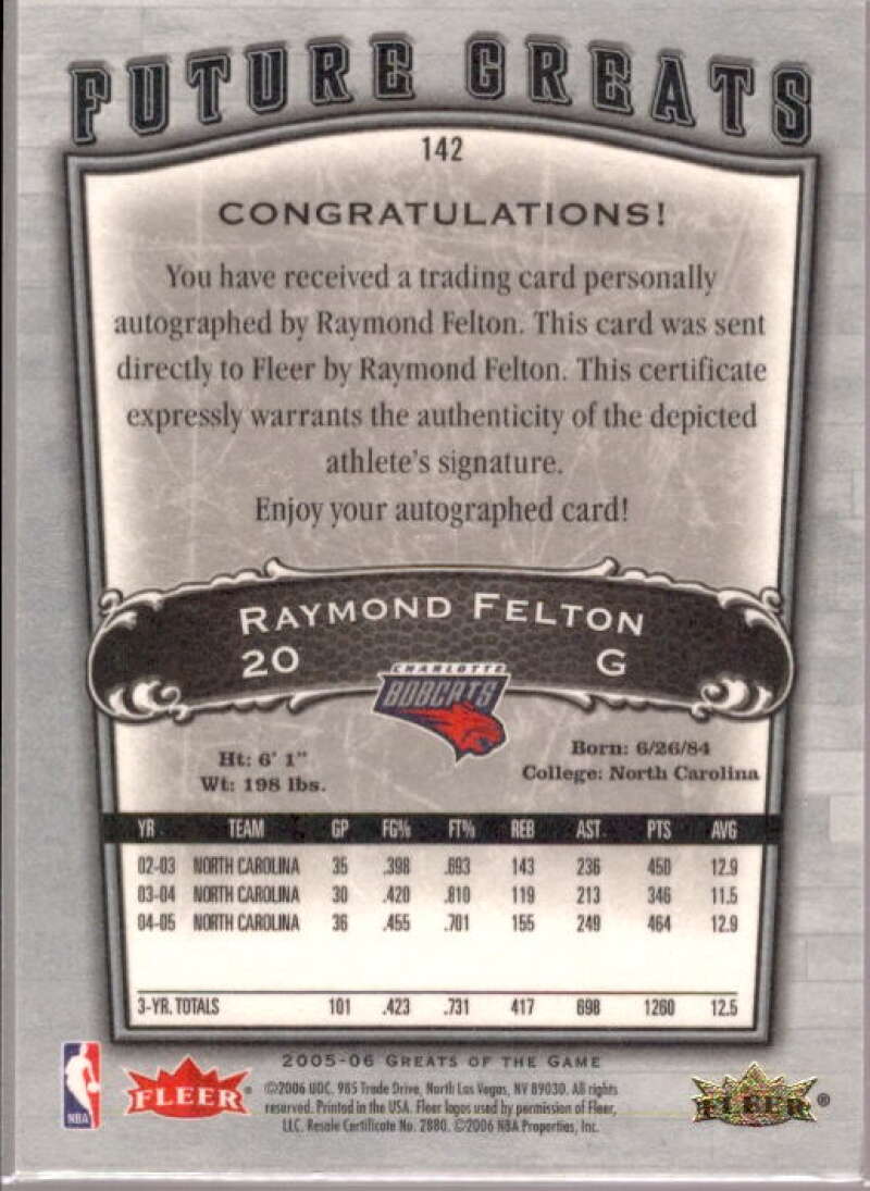 Raymond Felton AU RC Card 2005-06 Greats of the Game #142  Image 2