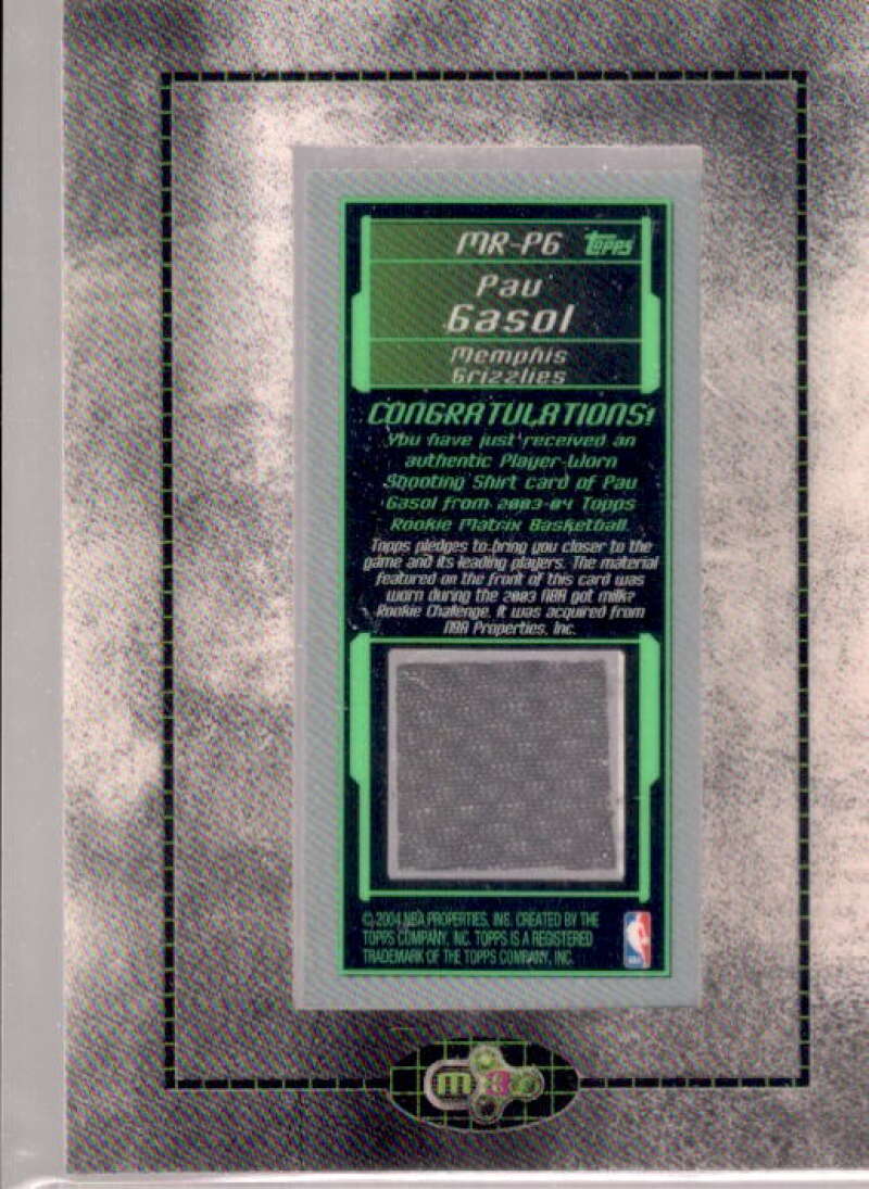 Pau Gasol Card 2003-04 Topps Rookie Matrix Mini Relics #PG  Image 2