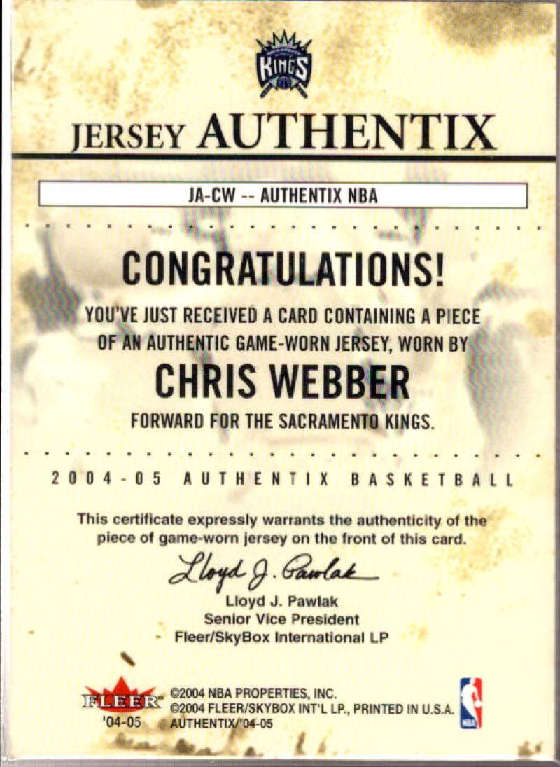 Chris Webber Card 2004-05 Fleer Authentix Jerseys #20  Image 2