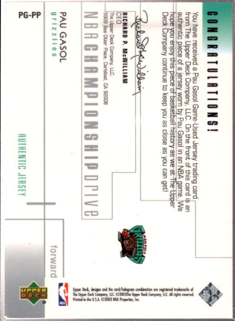 Pau Gasol 2002-03 Upper Deck Championship Drive Prized Properties Jersey #PGPP  Image 2