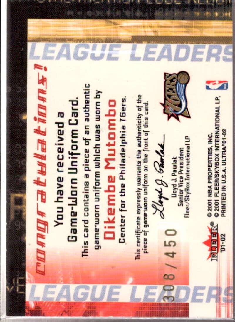 Dikembe Mutombo Card 2001-02 Ultra League Leaders Game Worn #11  Image 2