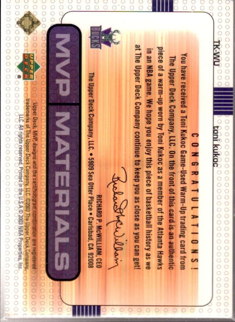Toni Kukoc Card 2003-04 Upper Deck MVP Materials Warmups #TKWU  Image 2