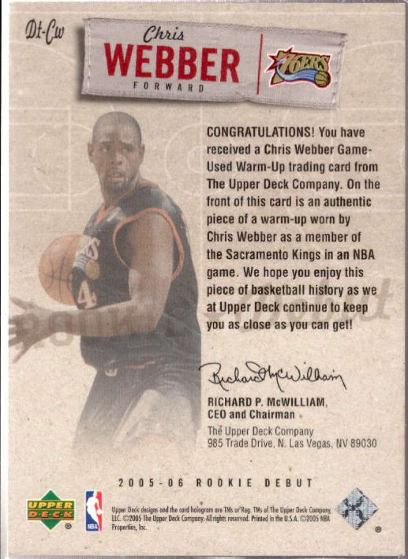 Chris Webber Card 2005-06 Upper Deck Rookie Debut Threads #CW  Image 2