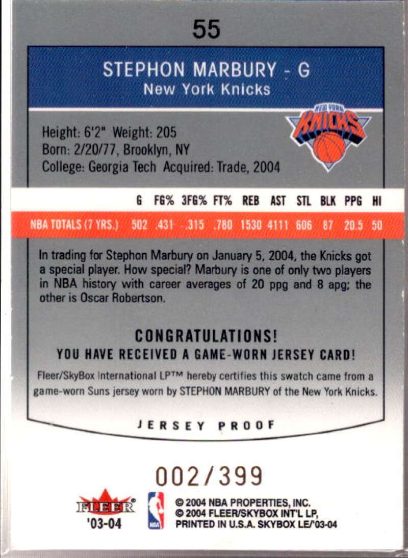 Stephon Marbury Card 2003-04 SkyBox LE Jersey Proofs #55  Image 2