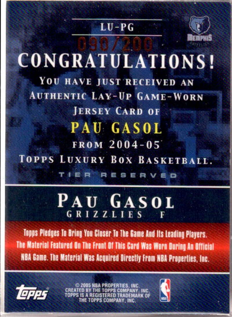 Pau Gasol Card 2004-05 Topps Luxury Box Lay-Up Relics 200 #PG  Image 2