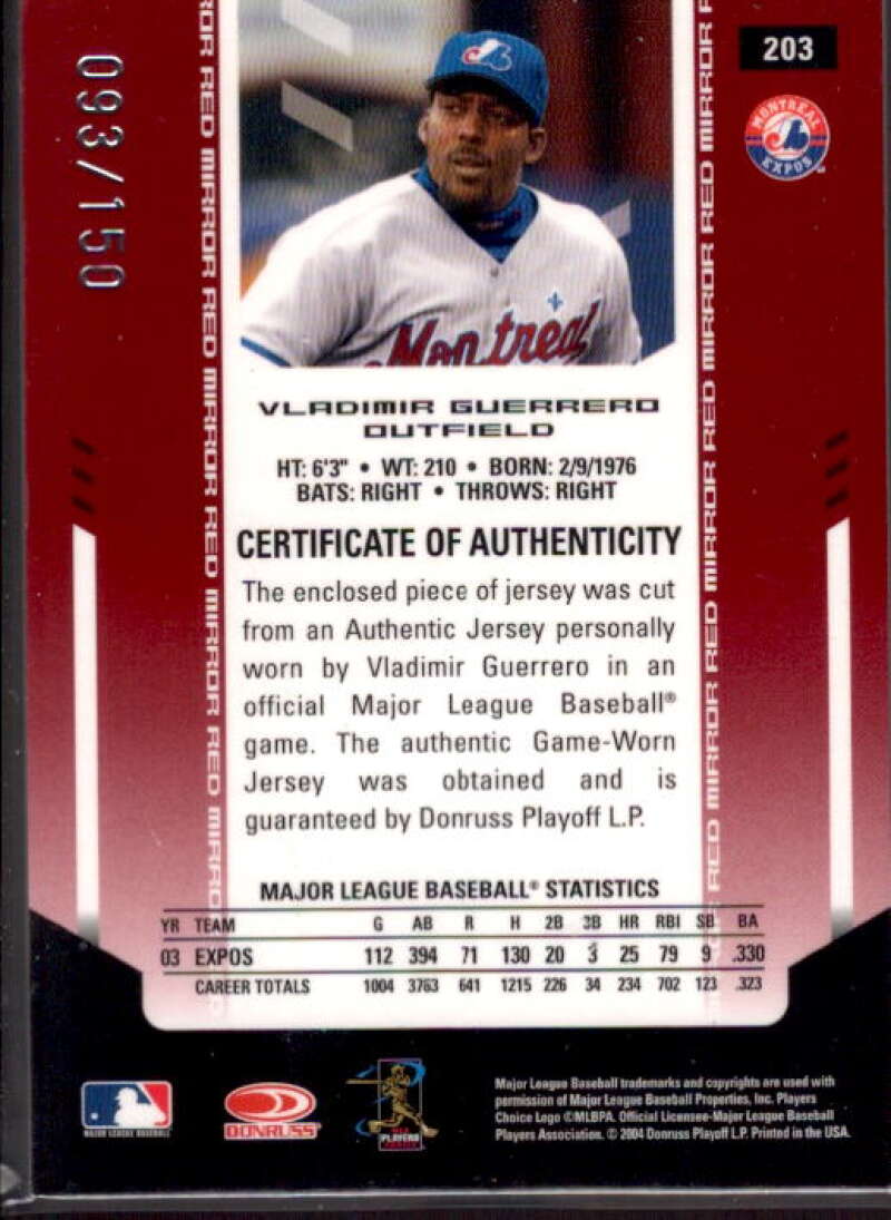 V.Guerrero Expos Jsy Card 2004 Leaf Certified Materials Mirror Fabric Red #203  Image 2