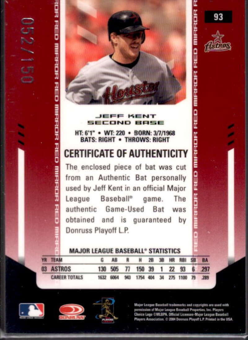 Jeff Kent Card 2004 Leaf Certified Materials Mirror Bat Red #93  Image 2