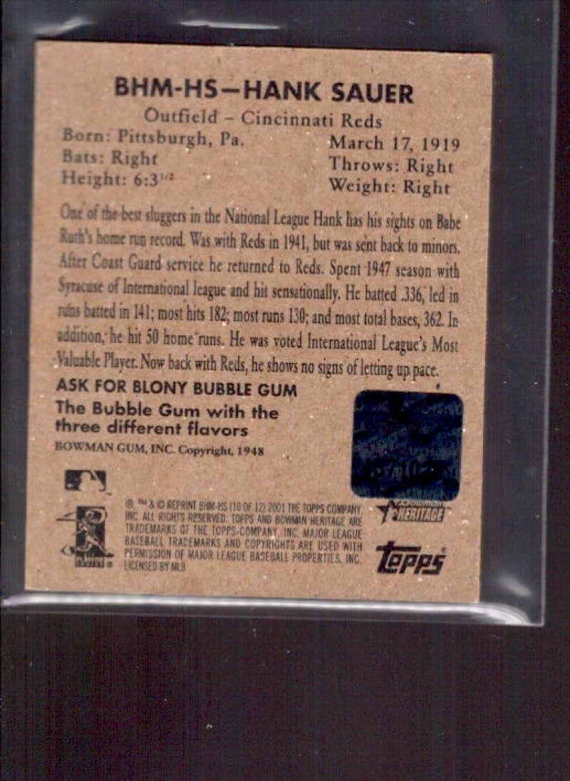 Hank Sauer Seat Card 2001 Bowman Heritage '48 Reprints Relics #BHMHS  Image 2
