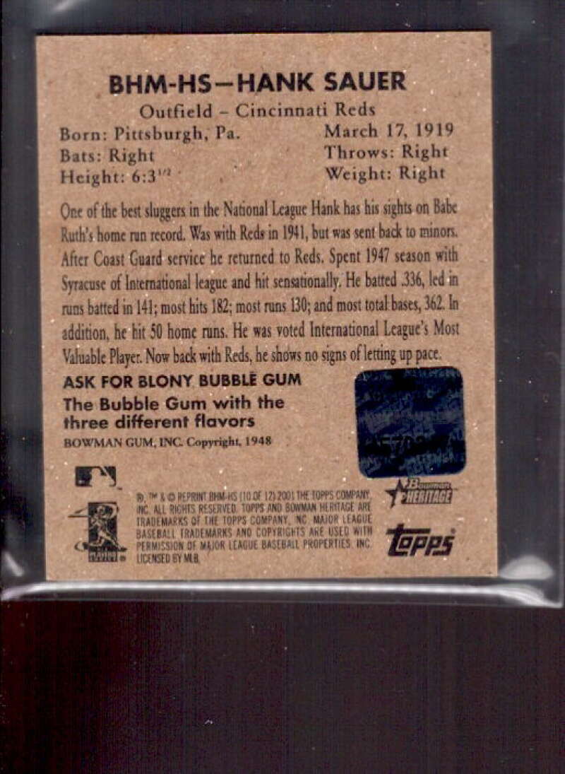Hank Sauer Seat Card 2001 Bowman Heritage '48 Reprints Relics #BHMHS  Image 2