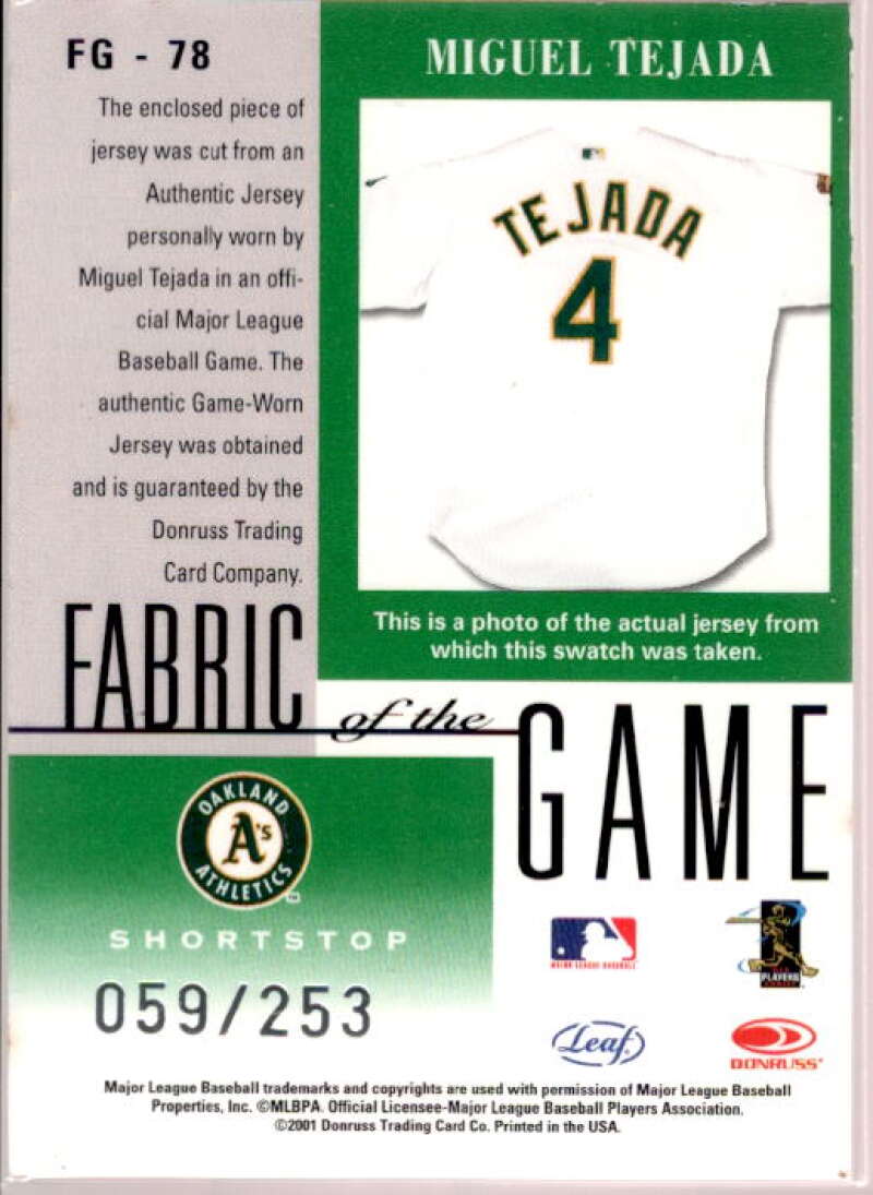 Miguel Tejada Card 2001 Leaf Certified Materials Fabric of the Game #78CR  Image 2