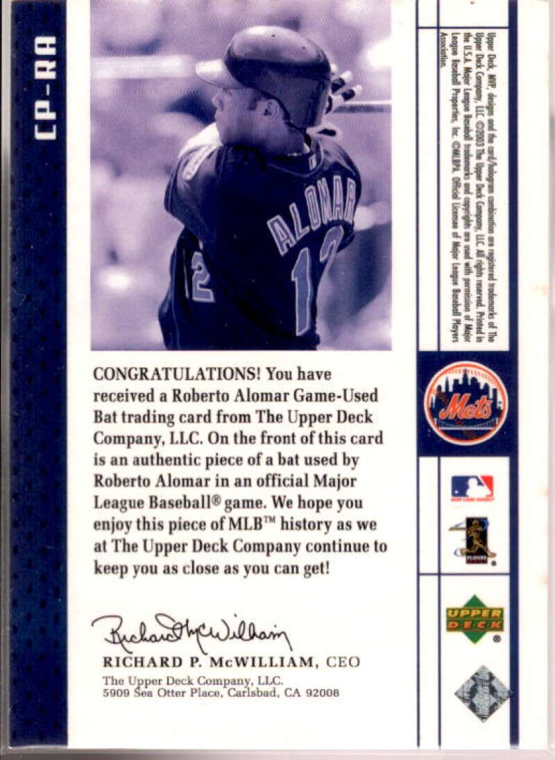 Roberto Alomar Card 2003 UpperDeck MVP Covering the Plate Game Bat #RA  Image 2
