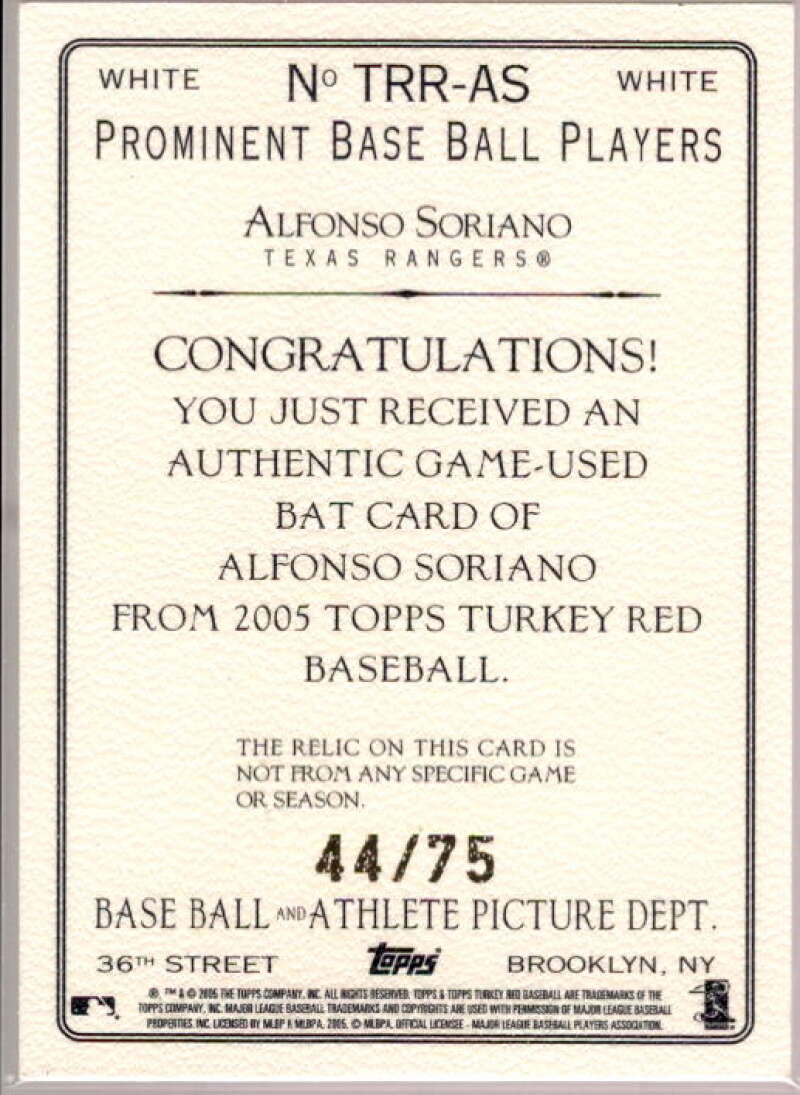 Alfonso Soriano Bat Card 2005 Topps Turkey Red Relics White #AS  Image 2