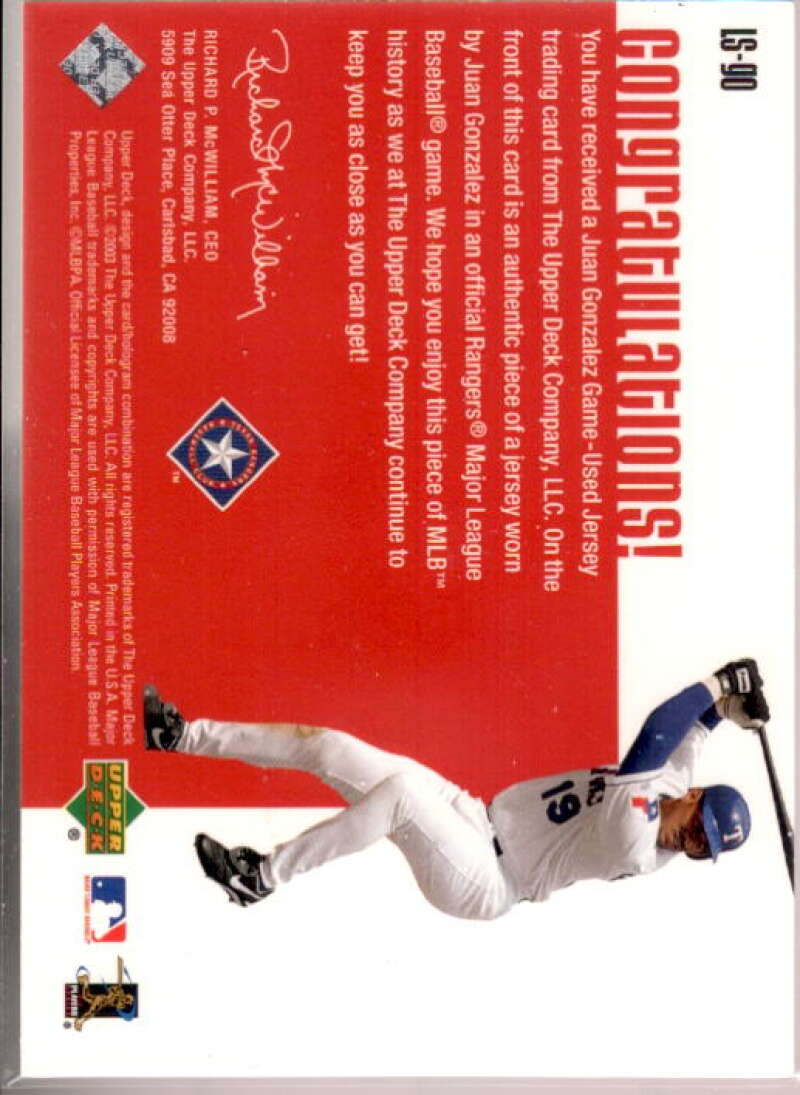 Juan Gonzalez RBI Card 2003 UpperDeck Leading Swatches #GO  Image 2