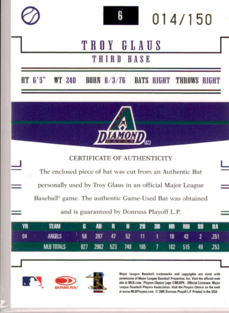 Troy Glaus Card 2005 Prime Patches Materials Bat #6  Image 2