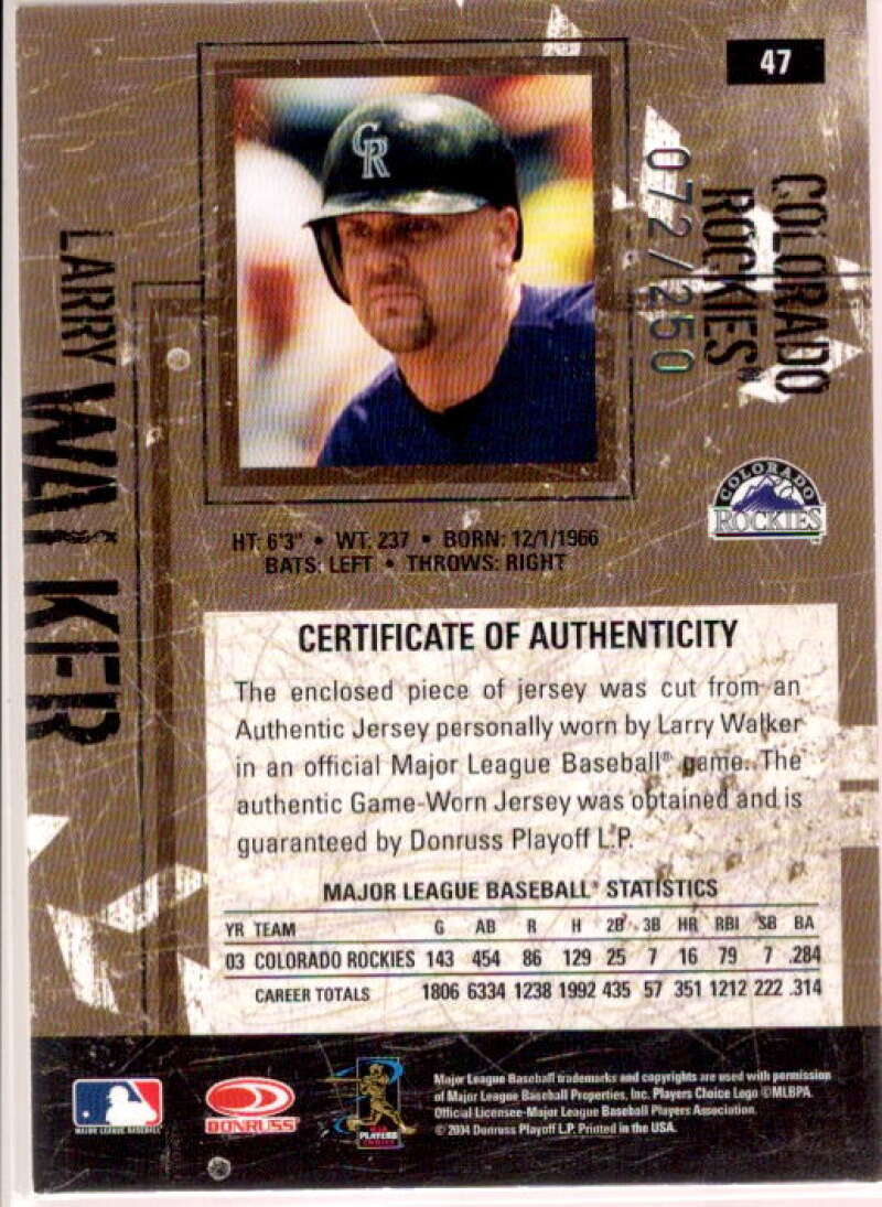 Larry Walker Card 2004 Leather and Lumber Materials Jersey #47  Image 2
