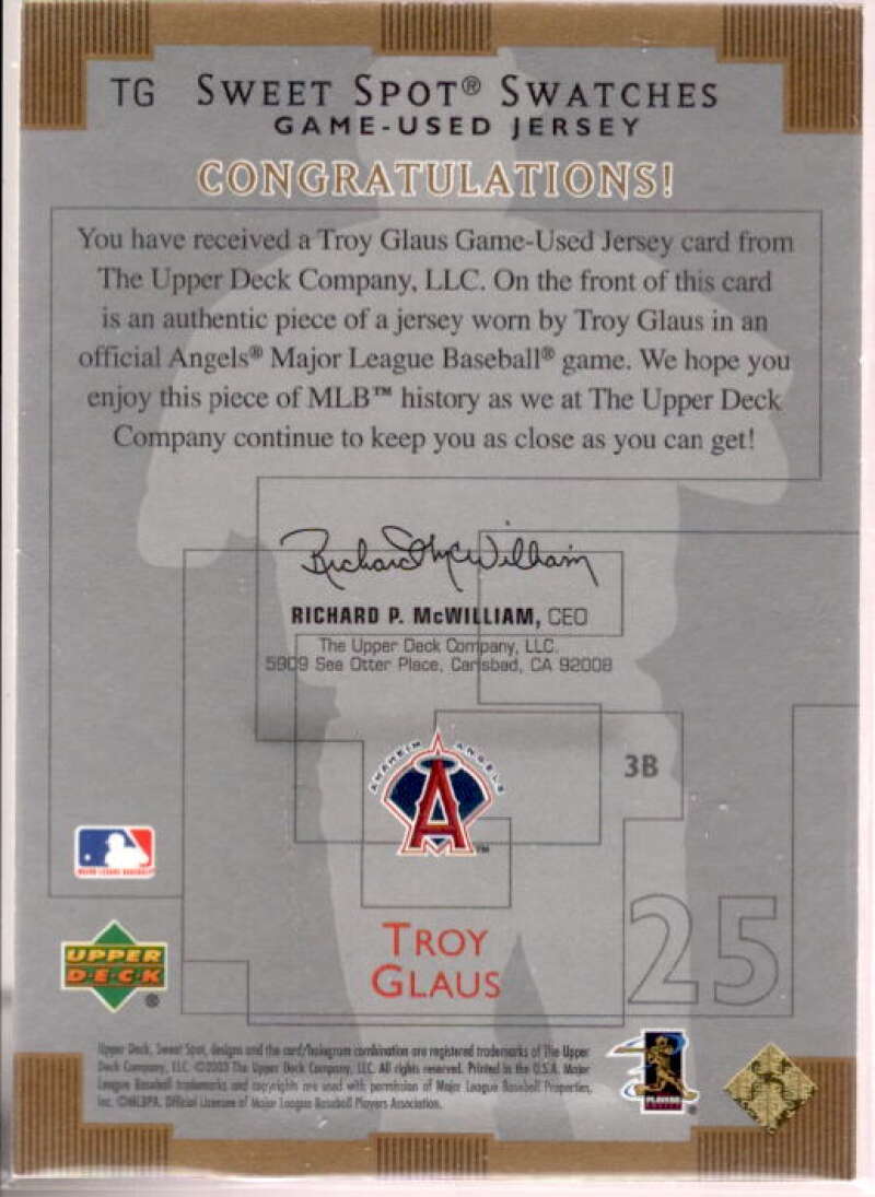 Troy Glaus Card 2003 Sweet Spot Swatches #TG  Image 2