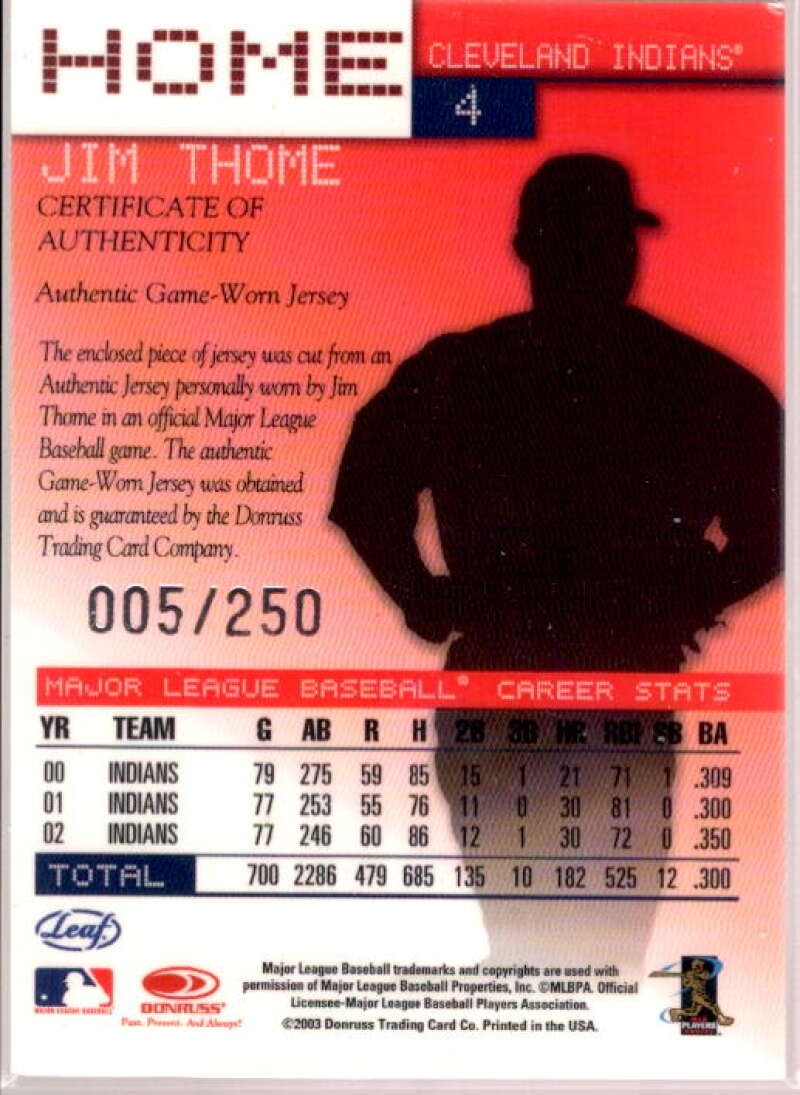 Jim Thome H Card 2003 Leaf Home/Away Materials #4H  Image 2
