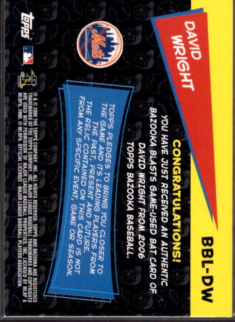 David Wright Card 2006 Bazooka Blasts Bat Relics #DW  Image 2